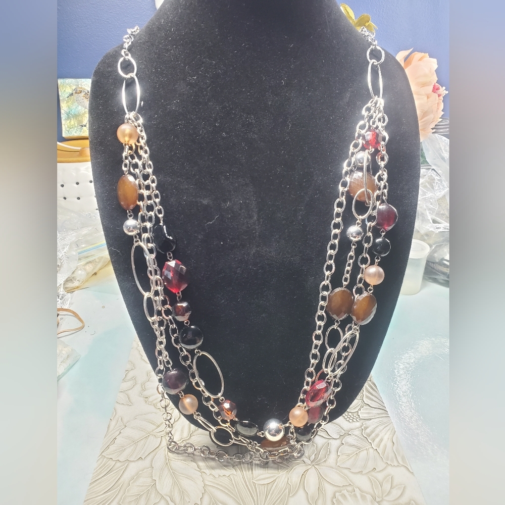 NWT Multi-Strand Silver Necklace with Red and Brown Accents. 36" From Dressbarn